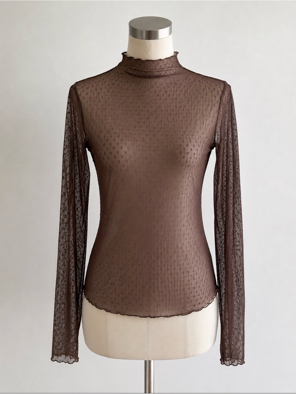 Free People Chocolate Brown Sheer Dot Mesh Long Sleeve Mock Neck